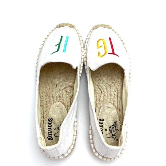 SOLUDOS x ASHKAHN TGIF Embroidered Canvas Espadrilles Flats in White Size 7.5 - Picture 8 of 12